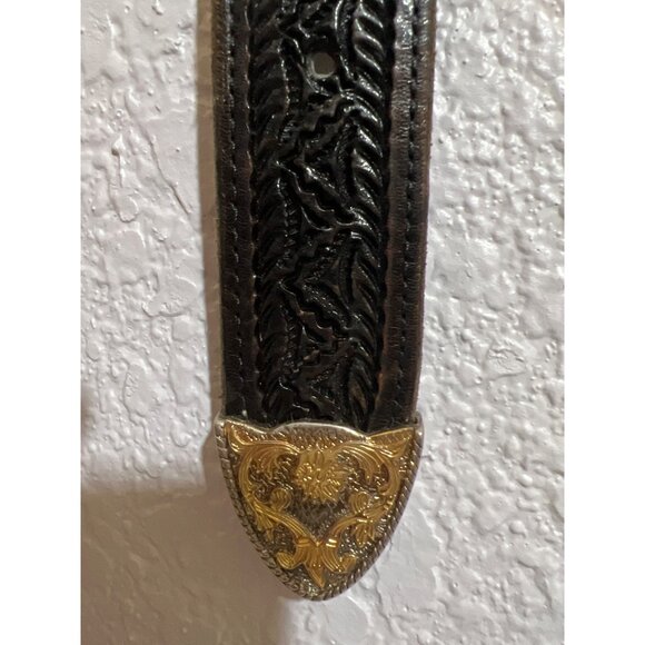 Vtg Western Tooled Leather Belt Silver & Gold Star Conchos Black Sz 38 Unisex - Picture 12 of 14